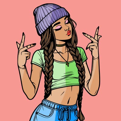 realistic teenage girl with braids and a beanie and crop top doing 🫶🏼