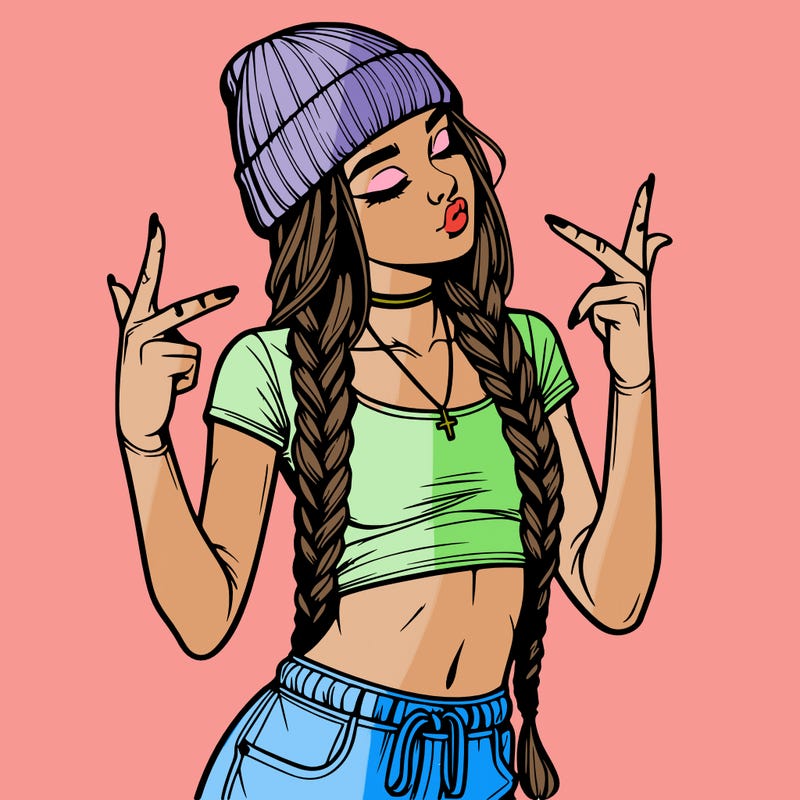 realistic teenage girl with braids and a beanie and crop top doing 🫶🏼
