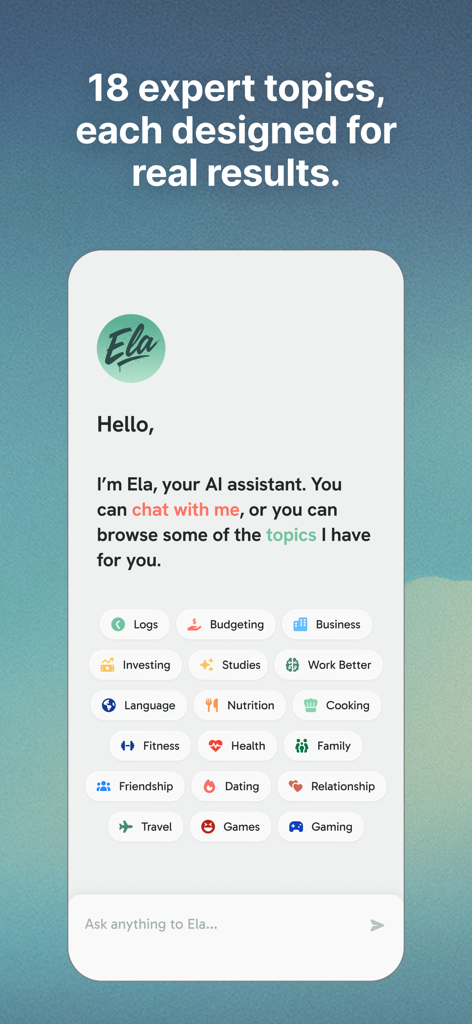 Ela - Your AI Companion - Interface of the Ela AI app showing eighteen different life topics including budgeting and fitness