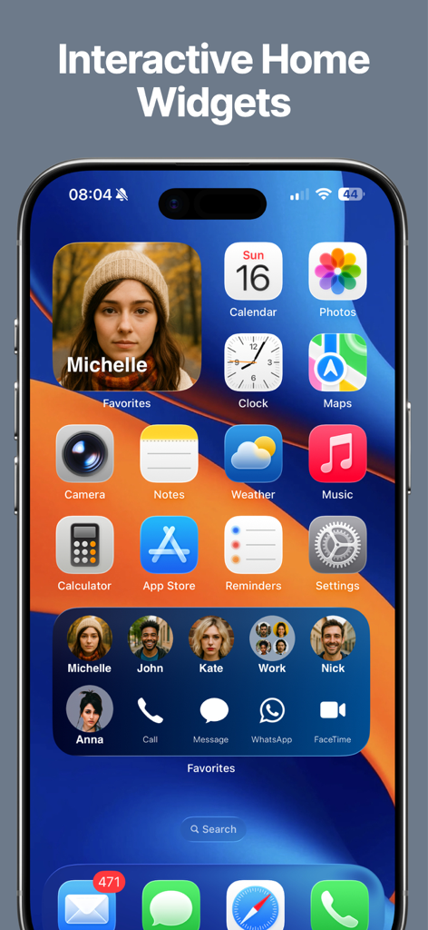 Favorites Widget Pro - Interactive home screen widgets showing favorite contacts with quick call and message options on an iPhone.