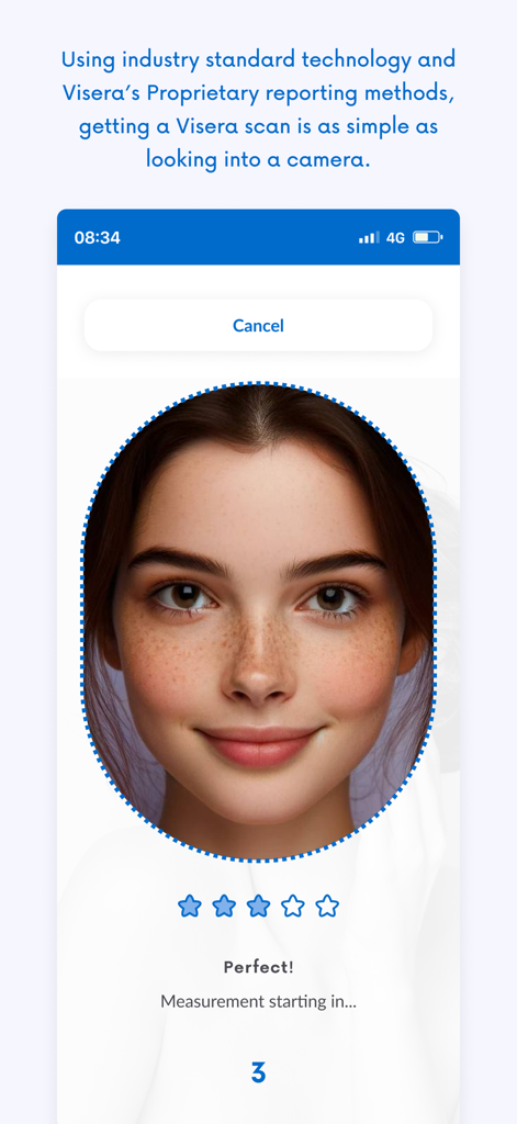 A woman's face being scanned by the Visera Link app for a wellness assessment using the smartphone camera.