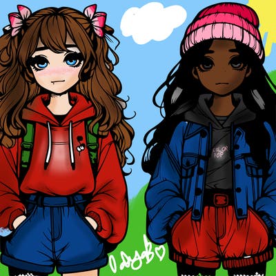 two cute girls teenage realistic baggy clothes