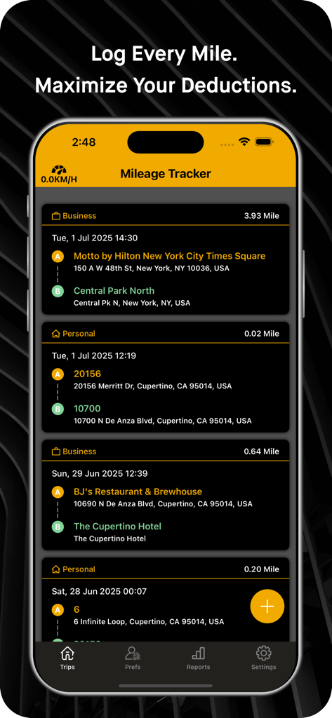 Interface do aplicativo Rastreador de Quilometragem de Viagem mostrando uma lista de viagens de negócios e pessoais registradas