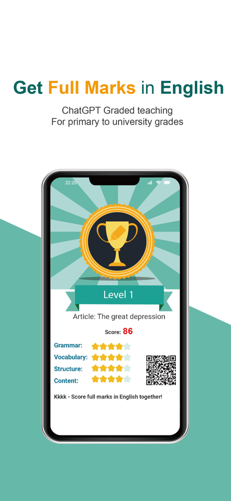 TutorJolly AI English Tutor - TutorJolly app interface showing AI essay grading results with score breakdown for grammar and vocabulary