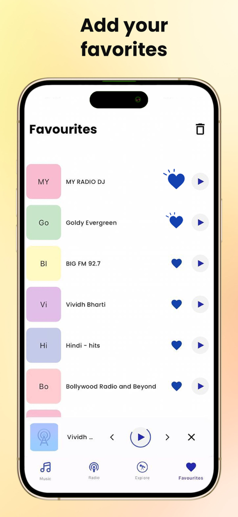 즐겨찾는 라디오 방송국 및 트랙 목록을 보여주는 Rocks Music Player 앱 인터페이스