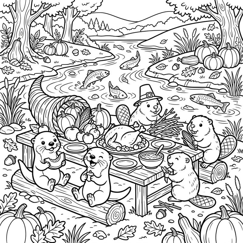 Dive into the festive spirit with this delightful Thanksgiving coloring page featuring playful river animals. Watch as otters and beavers gather for a bountiful feast, perfect for celebrating the harvest season.