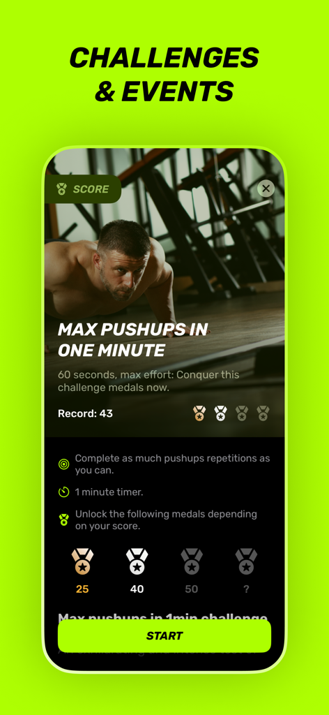 Interface of the Puuush app displaying a max pushups in one minute challenge with record and medal goals