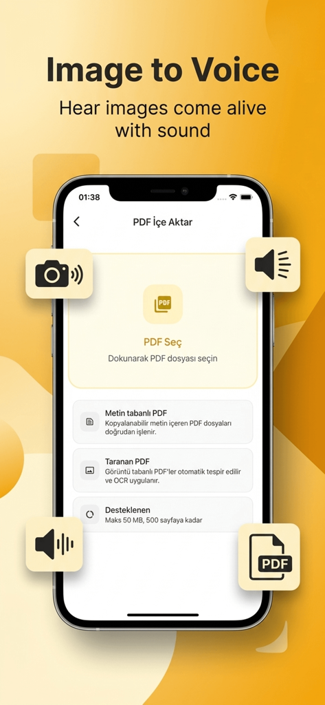 Text to Speech: Speech AI - Una pantalla de smartphone que demuestra la función Imagen a Voz de la aplicación Texto a Voz para convertir PDFs escaneados en audio.