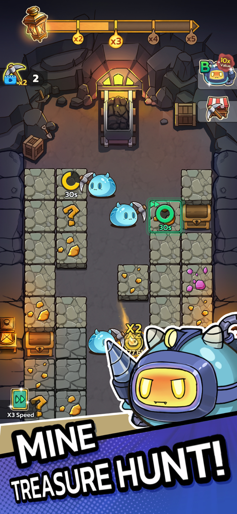 Slime Castle: Idle TD RTS Game - Slime characters mining blocks in a treasure hunt mini-game.