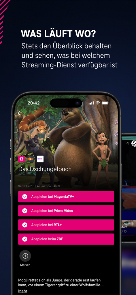 MagentaTVモバイルアプリのインターフェース、MagentaTV、Prime Video、RTL plusなどの複数のサービスでのジャングル・ブックのストリーミング可能性を表示