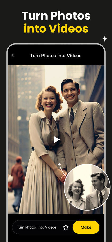AI Movie Generator - KakaPic - Interfaz de la aplicación KakaPic que muestra la función de convertir fotos en vídeos con una pareja vintage siendo animada.