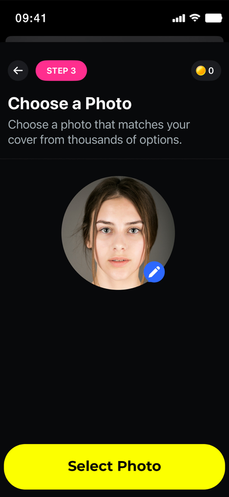 FaceAi: Face Swap Any Video - Interfaz de la aplicación FaceAi que muestra el paso para seleccionar una foto de retrato para un intercambio de rostro con IA.
