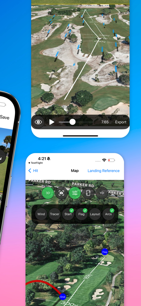 Écrans de smartphone affichant des cartes de parcours de golf 3D avec traceurs de trajectoire de balle et marqueurs de distance dans l'application Shot Tracer Map.