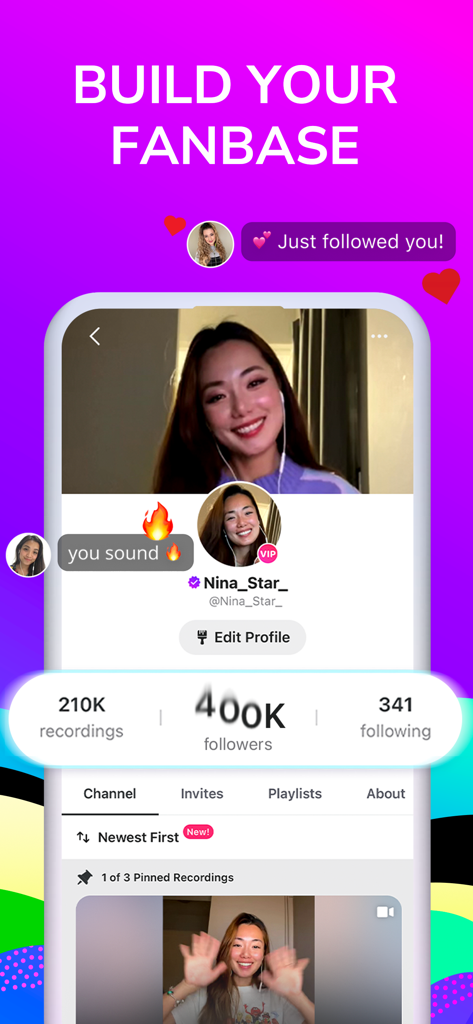 Smule app screenshot showing a user profile interface with 400K followers and a large heading that says Build Your Fanbase