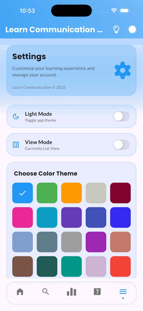 A tela de configurações do aplicativo Learn Communication Skills mostrando opções de personalização da interface e temas de cores.