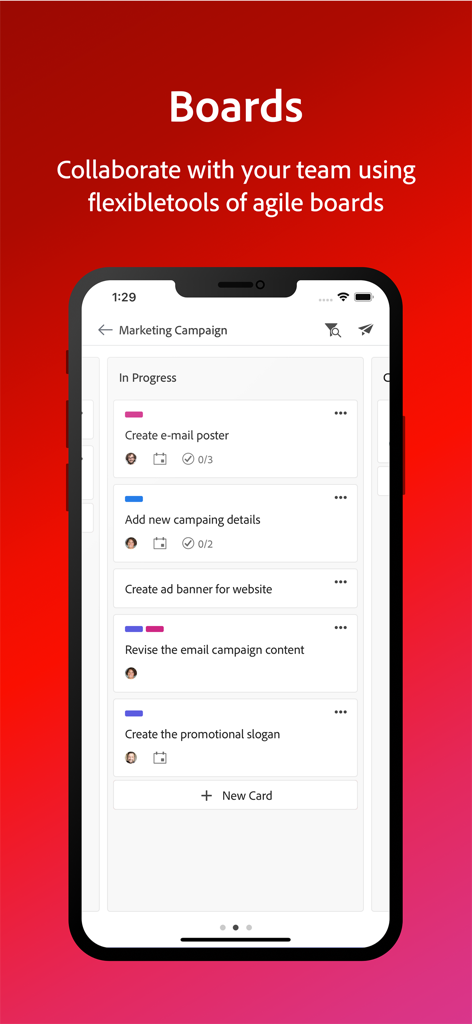 Adobe Workfront - マーケティングキャンペーンのアジャイルボードを表示するAdobe Workfrontモバイルアプリのインターフェース
