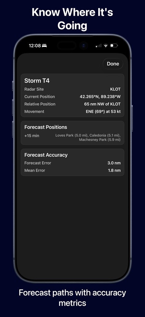Radar Pro X - Radar Pro X mobile app screen showing detailed storm tracking data and forecast accuracy metrics
