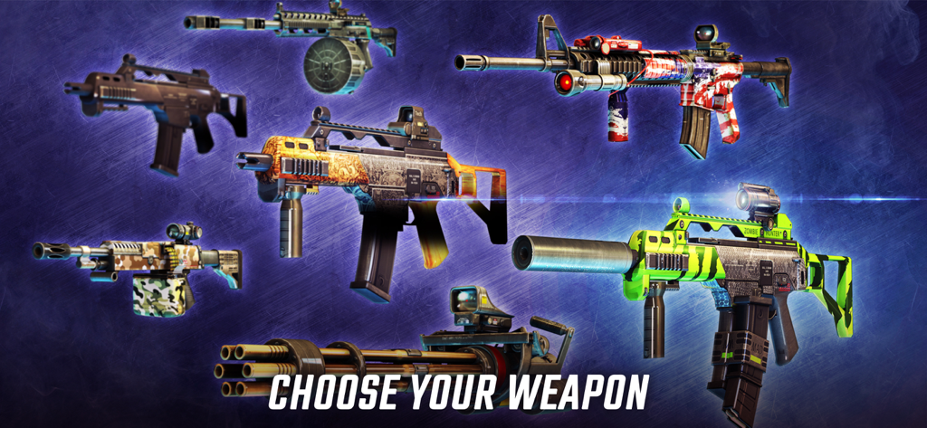 A selection of highly detailed custom weapons and skins from UNKILLED Zombie Online FPS with the text Choose Your Weapon.