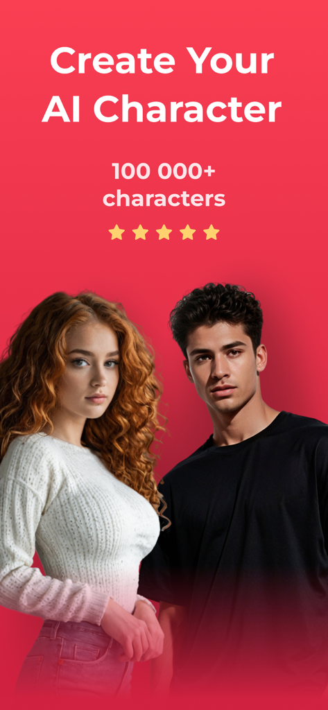 Luvio: Chat with AI Character - Promotional screen for Luvio app showing realistic male and female AI characters with a prompt to create your own
