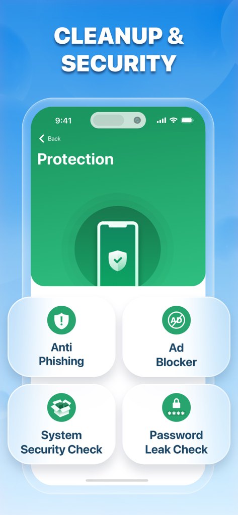 Cleaner AI - Mobile Security - Cleaner AI app interface showing security protection features including anti phishing and ad blocker