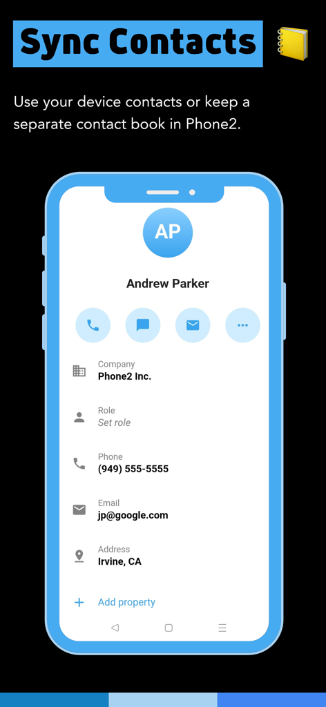 Phone2: Business Phone Number - Phone2 app interface showing business contact management and synchronization features