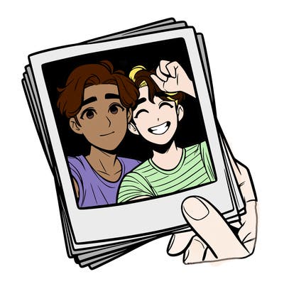 realistic, best friends taking a polaroid picture