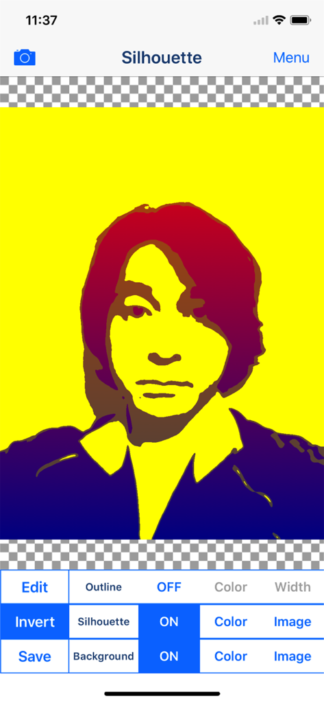 Silhouette - Image Maker App - Um retrato artístico colorido em silhueta sendo editado na interface do aplicativo Silhouette Image Maker