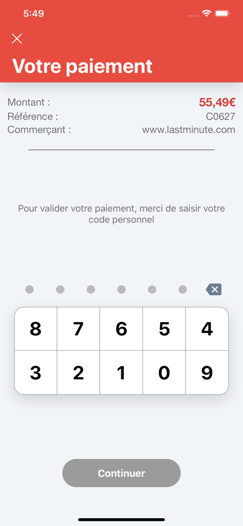 Chèque-Vacances - Secure payment validation screen in the Chèque-Vacances app featuring a numeric keypad for PIN entry