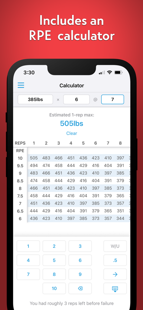 Barbell Medicine - Barbell Medicine app RPE calculator screen showing estimated 1-rep max