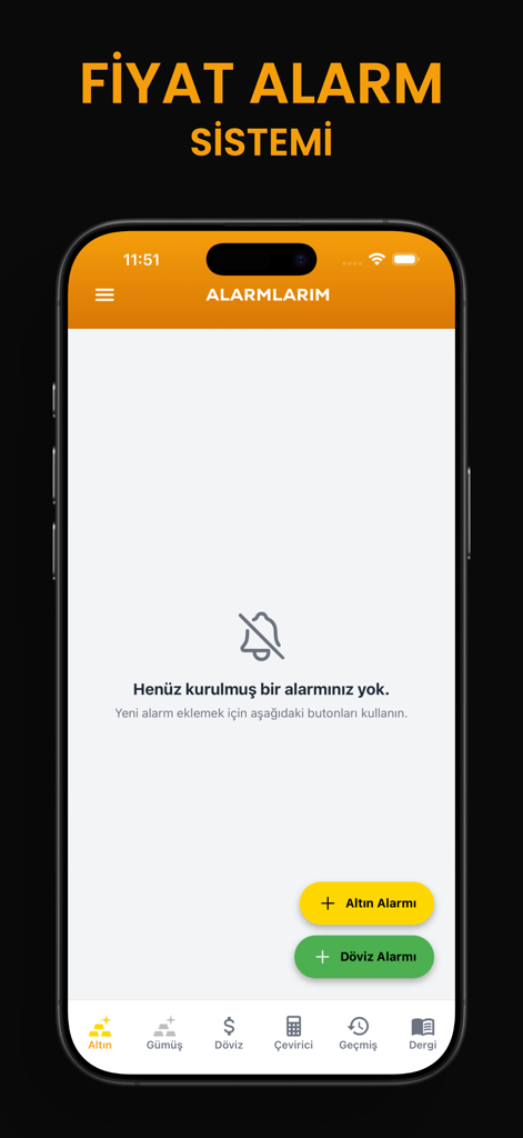 IZKO mobile app price alarm system interface with gold and currency alert buttons.