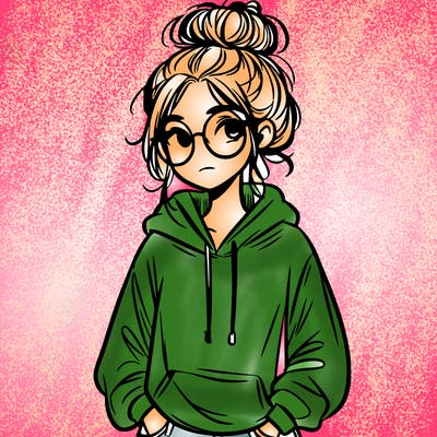 teen girl with a messy bun and glasses wearing a loose hoodie and jeans