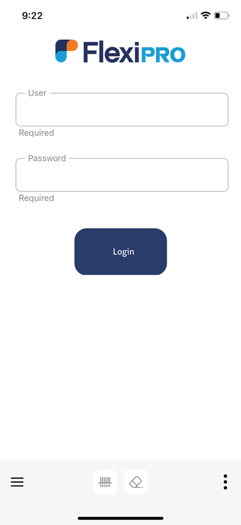 FlexiPro - FlexiPro mobile App-Anmeldeoberfläche mit Eingabefeldern für Benutzername und Passwort