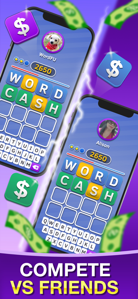 3 Word Cash - Win Real Prizes - Duas telas de celular mostrando uma competição de quebra-cabeça de palavras cara a cara no aplicativo 3 Word Cash com símbolos de dinheiro flutuantes.