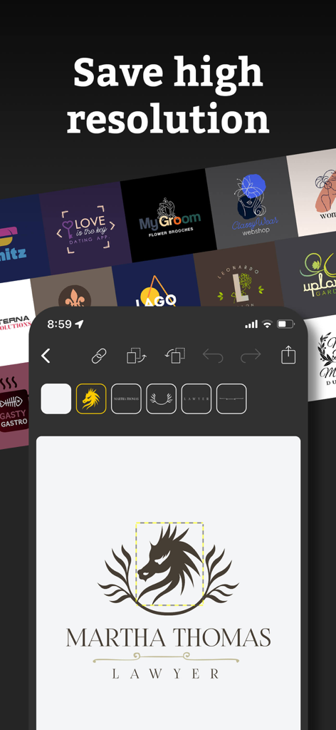 Ein mobiler Bildschirm, der einen professionellen Logo-Design-Editor mit einer Vielzahl von Markenvorlagen im Hintergrund zeigt