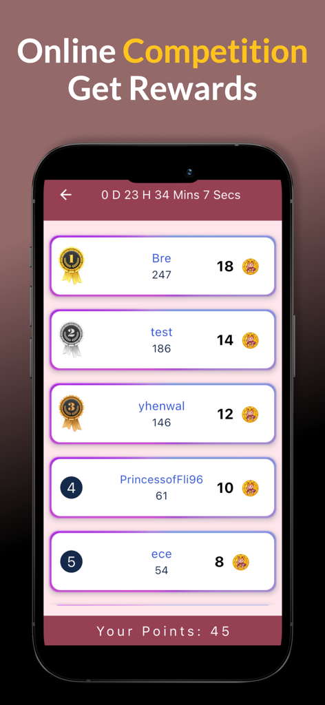 DailyGift - Play and Earn - Leaderboard showing top players and their earned rewards in the DailyGift app competition