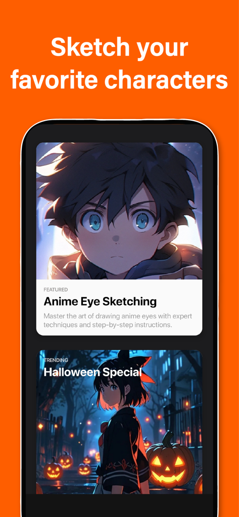 Draw Anime- Learn step by step - App interface featuring anime eye sketching tutorials and special character drawing lessons.