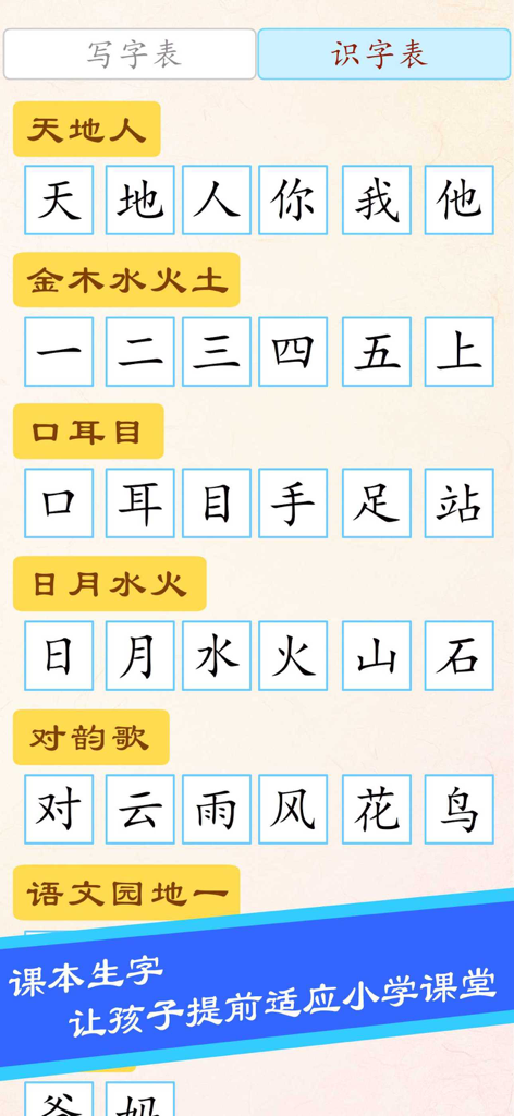 宝宝学写字硬笔书法-小学生字典词典工具 - Una tabella di riconoscimento dei caratteri cinesi da un'app educativa che mostra Hanzi di base per bambini.