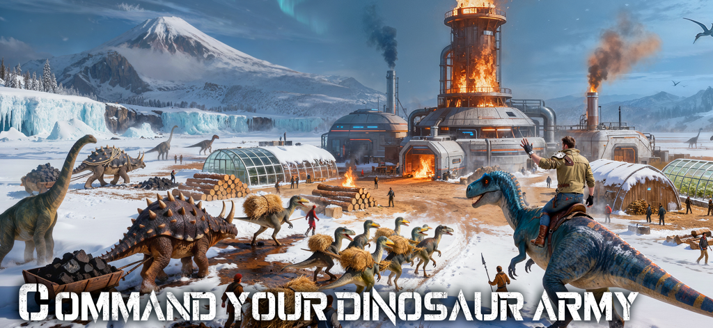 雪景色のハイテク基地で、恐竜に乗った人間の生存者が先史時代の軍隊を指揮している。