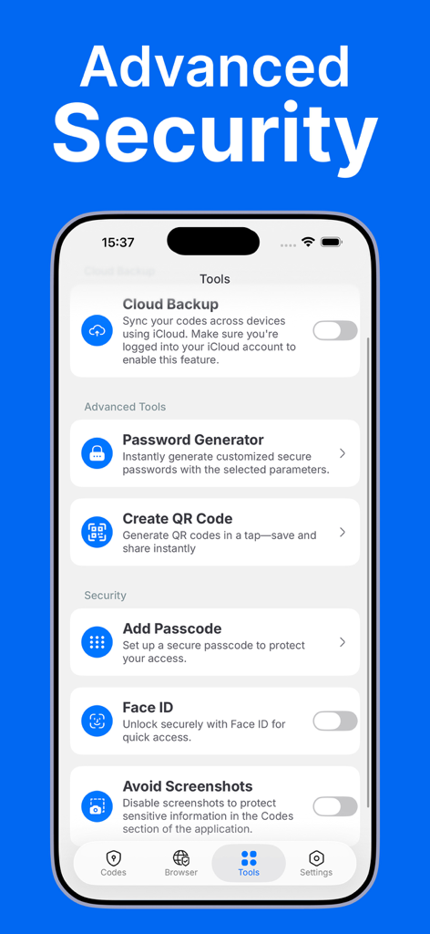クラウドバックアップ、Face ID、パスワードジェネレーターなどの高度なセキュリティツールを表示する認証アプリのインターフェイス。