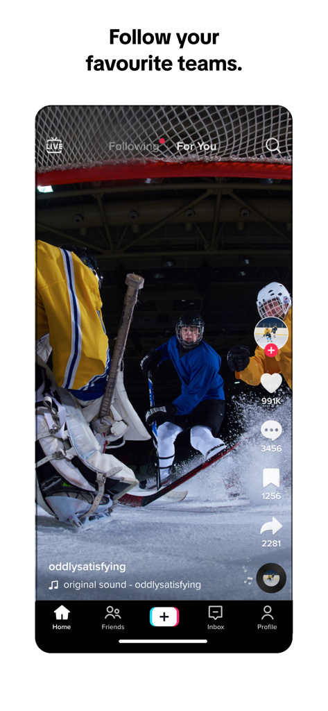 TikTok app screen showing an ice hockey game and the text Follow your favourite teams