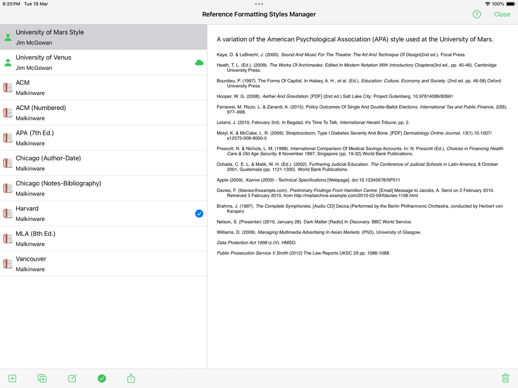 Reference Tracker - The Reference Formatting Styles Manager in the Reference Tracker app displaying various citation formats and previews.