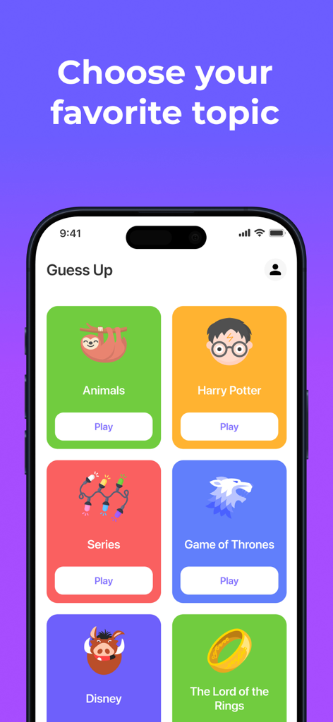 Guess Up: Who am I? - Topic selection screen in the Guess Up app featuring categories like Harry Potter Disney and Game of Thrones