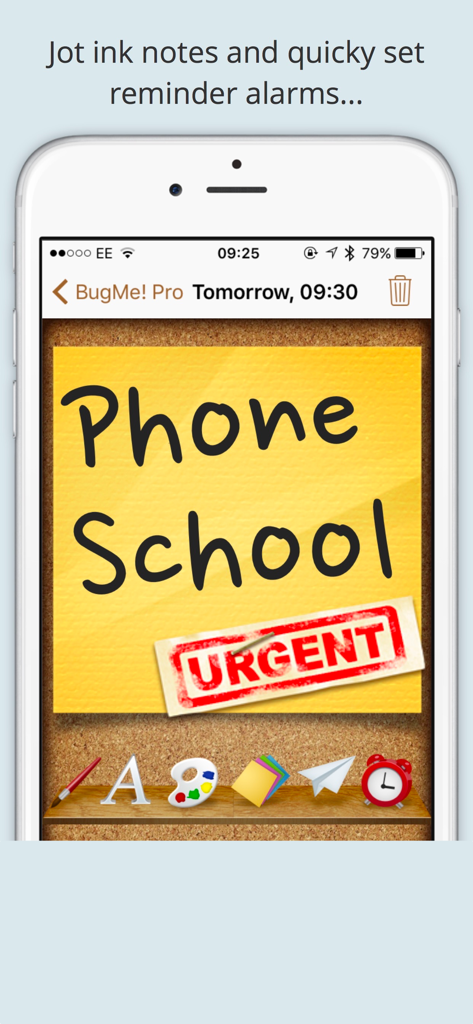 BugMe! Stickies - Nota adhesiva escrita a mano con un sello urgente fijada en un corcho virtual en la aplicación BugMe Stickies.