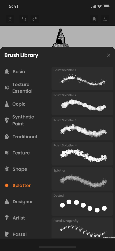 The brush library menu in Sketchbook app showing different paint splatter brush types