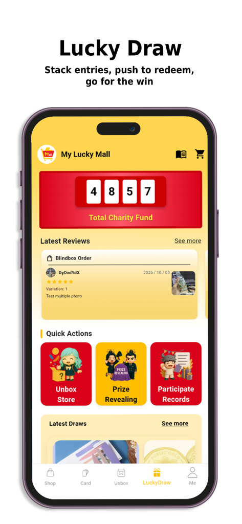 Pantalla de la aplicación Myluckymall para sorteos de la suerte que muestra acciones rápidas para desempaquetar y revelar premios