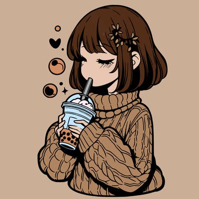 manga girl drinking boba in cozy sweater