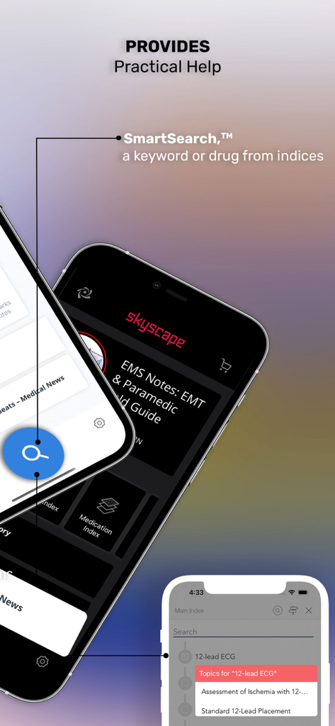 EMS Notes mobile app interface highlighting the SmartSearch feature for EMTs and Paramedics
