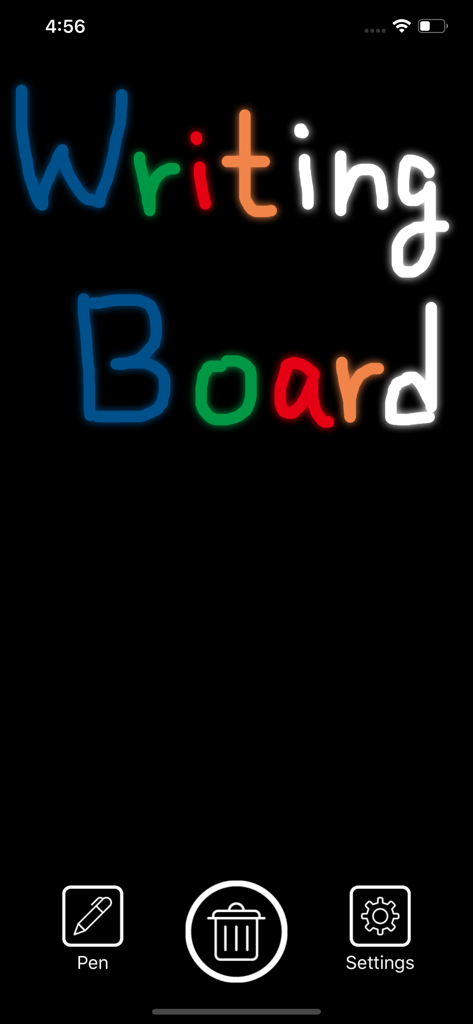 Minimalistische Benutzeroberfläche der Writing Board App mit bunten handgeschriebenen Texten auf schwarzem Hintergrund mit Stift- und Löschbuttons.