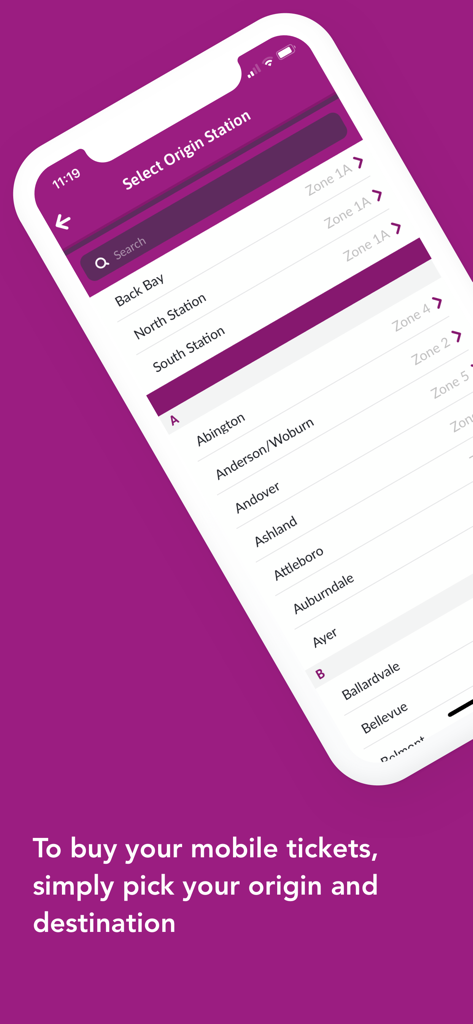 MBTA mTicket - Pantalla de la aplicación MBTA mTicket que muestra una lista de estaciones de tren de cercanías para la selección de boletos