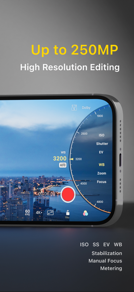 Varlens camera app interface showing manual controls for ISO and white balance on an iPhone